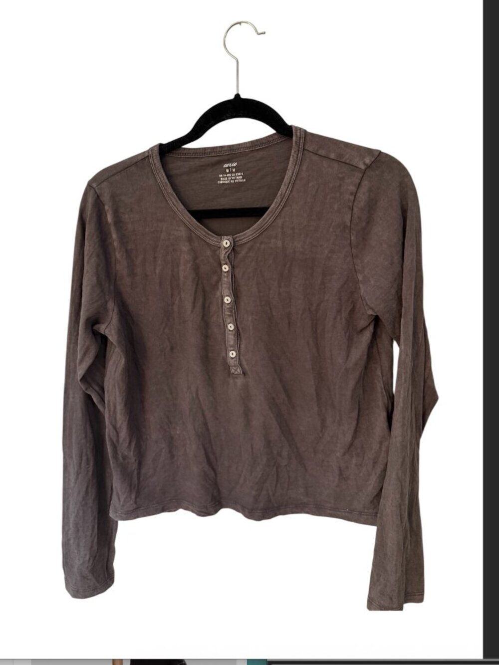 Aerie Brown Long Sleeve Button T-Shirt Medium